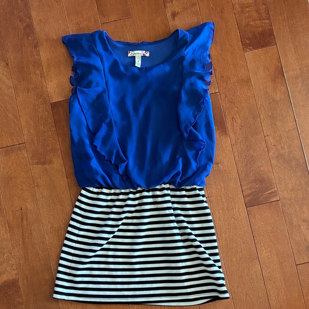 Nordstrom Speechless Blue Ruffle Top with Striped Skirt Kids Dress sz 8
